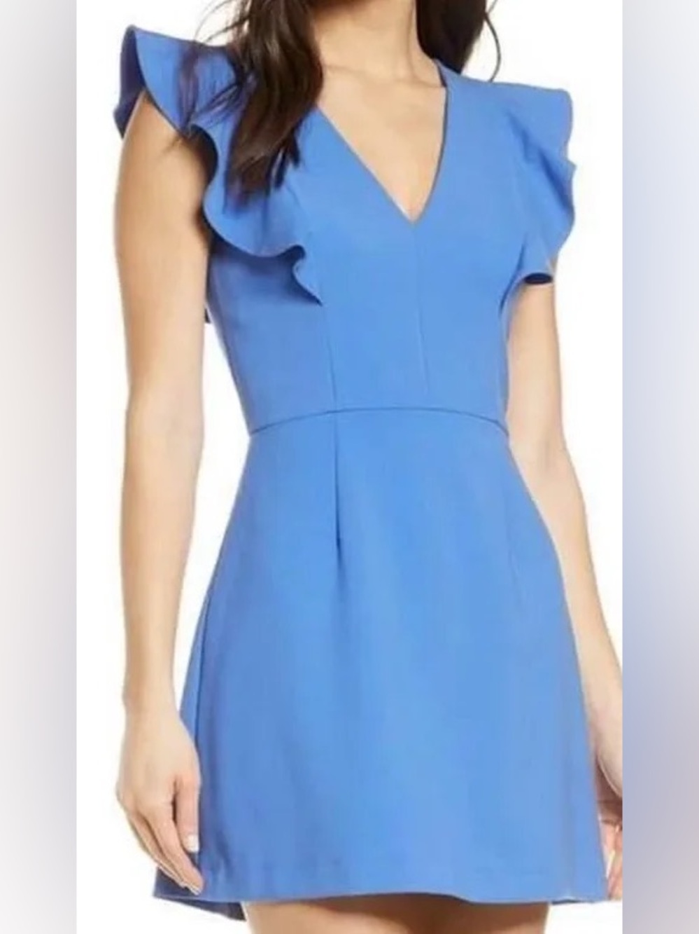French Connection Sky Blue V-Neck Ruffle Sleeve Midi Dress
